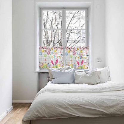 Happy Easter Half Window Curtains 24 Inches Long, Spring Watercolor Bunny Eggs Flower Grey Plaid Window Treatment Curtain Drapes, Short Curtains Tiers for Kitchen Over Sink, 27.5"x24", 2 Panels