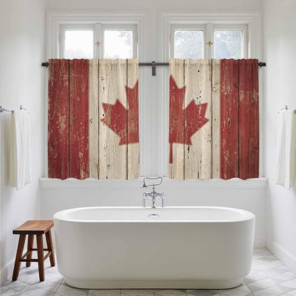 Canada Tier Curtains, Red Maple Leaf Flag Vintage Farmhouse Wooden Grain Light Filtering Kitchen Curtains, 2Pcs Rod Pocket Half Window Treatments Panels for Sink Cafe Cabinet Basement 27.5x45 Inches