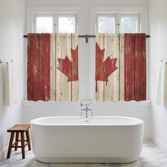 Canada Kitchen Curtains, Red Maple Leaf Flag Vintage Farmhouse Wooden Grain Light Filtering Window Curtain Panels, 2Pcs Rod Pocket Window Treatments Set for RV Dining Room Study Room 42x54 Inches