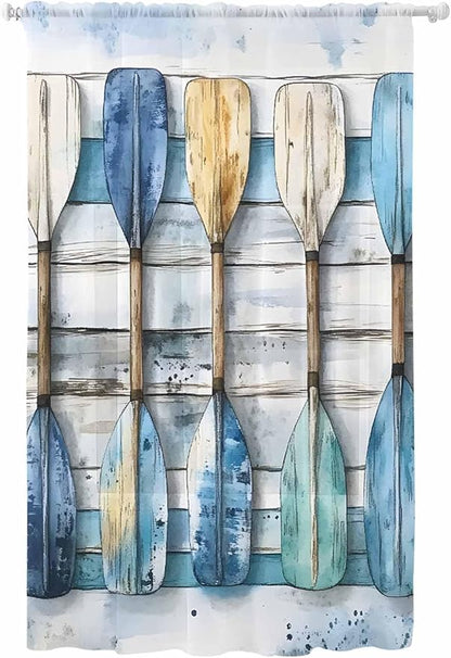 Sheer Curtains 84 Inches Long, Lake Paddle Striped Semi Sheer Curtains Light Filtering Window Treatment, Watercolor Vintage Wood Grain Privacy Voile Drapes for Living Room Bedroom 52x84 Inch