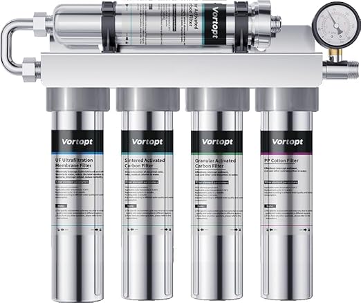 Vortopt Under Sink Water Filtration System-NSF&CEC Certified,Stainless Steel Water Filter, Real-time Pressure Gauge,0.01μm Kitchen Undersink Water Filtration,Retain Beneficial Minerals,U1(5 Filters)