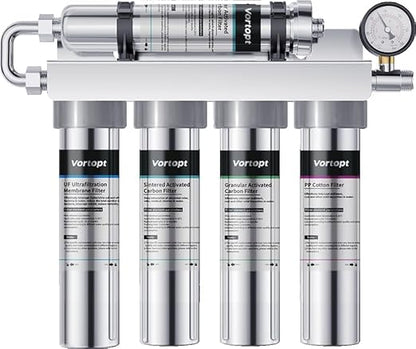 Vortopt Under Sink Water Filtration System-NSF&CEC Certified,Stainless Steel Water Filter, Real-time Pressure Gauge,0.01μm Kitchen Undersink Water Filtration,Retain Beneficial Minerals,U1(5 Filters)