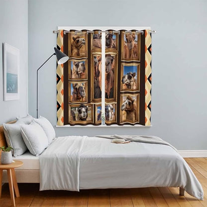 2 Panel Kitchen Cafe Curtains, Wildlife Camels Sunlight Filtering Nature Air Through, Home Decor Window Covering Tier Curtains for Living Room 104W x 84L inch Deserts Animals Brown Geometric Rustic