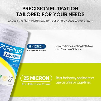 PUREPLUS 25 Micron 10 x 4.5 Whole House String Wound Sediment Filter for Well Water, Replacement Cartridge for 84637, WPX5BB97P, PC10, CW5-BBS, 355215-45, WP10BB97P, WP5BB97P, 3Pack