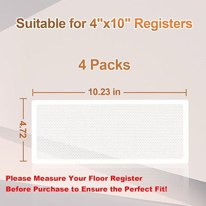 White Floor Register Vent Screen Cover 4"x10" Magnetic, Perfect for Wall/Ceiling/Floor Air Vent Filters (4-Packs)