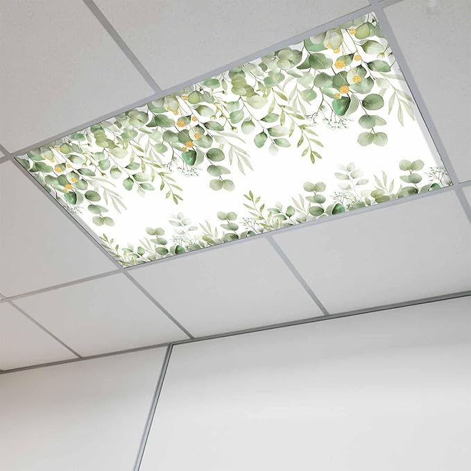 Fluorescent Light Covers for Ceiling Lights Sage Green Eucalyptus Leaves Magnetic Light Filters 1 Pack 4x2 ft Nature Leaf Plant Ceiling Lights Cover for Classroom Office School Home Drop Lamp Decor