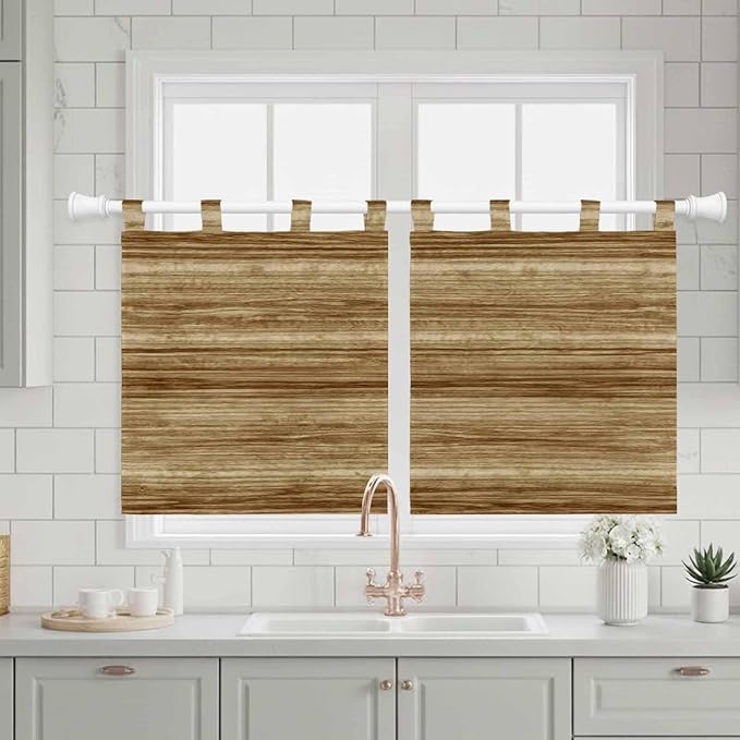 Vintage Western Kitchen Curtains 24 Inch Length, Small Window Curtains Tab Top, Rustic Farmhouse Wooden Grain Barn Door Light Filtering Short Window Treatments Tier Drapes 27.5"x24" 2 Panel