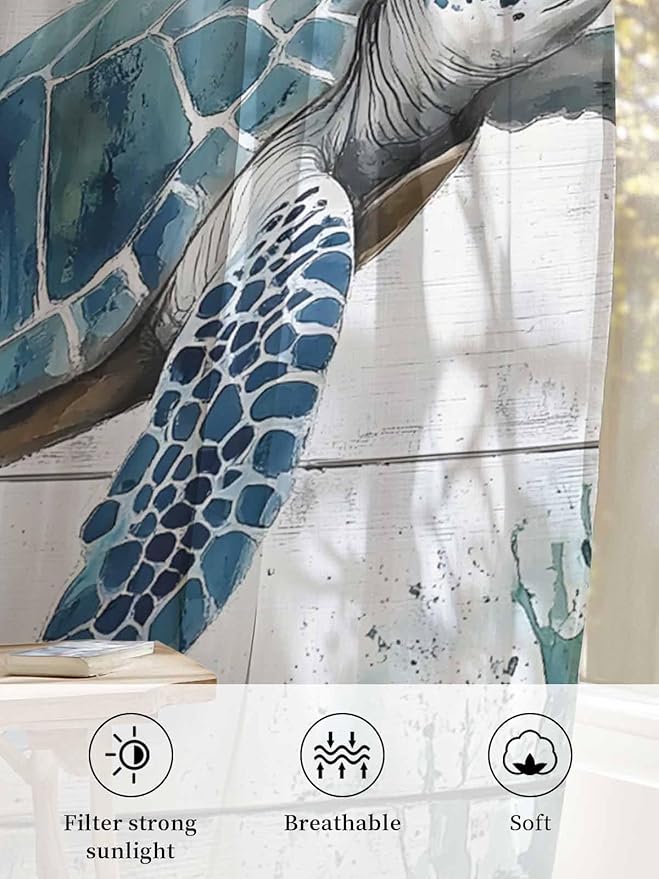 Sheer Curtains 63 Inch Length, Teal Green Sea Turtle Semi Sheer Curtains Light Filtering Window Treatment, Summer Ocean Vintage Wood Grain Privacy Voile Drapes for Living Room Bedroom 52x63 Inch