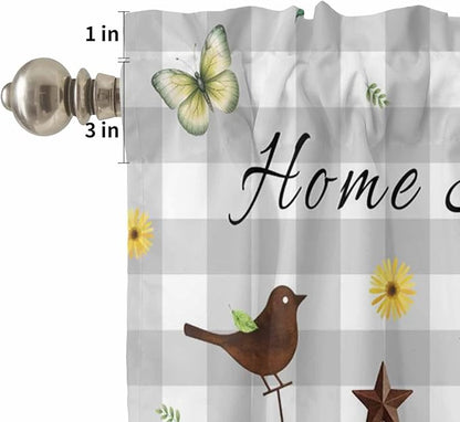 Kitchen Curtains Tiers and Valance Set of 3, Sunflowers Dog Light Filtering Window Curtain Set, Spring Watercolor Floral Stars Grey Plaid Rod Pocket Curtain Drapes for Living Room, 24 Inches Tiers