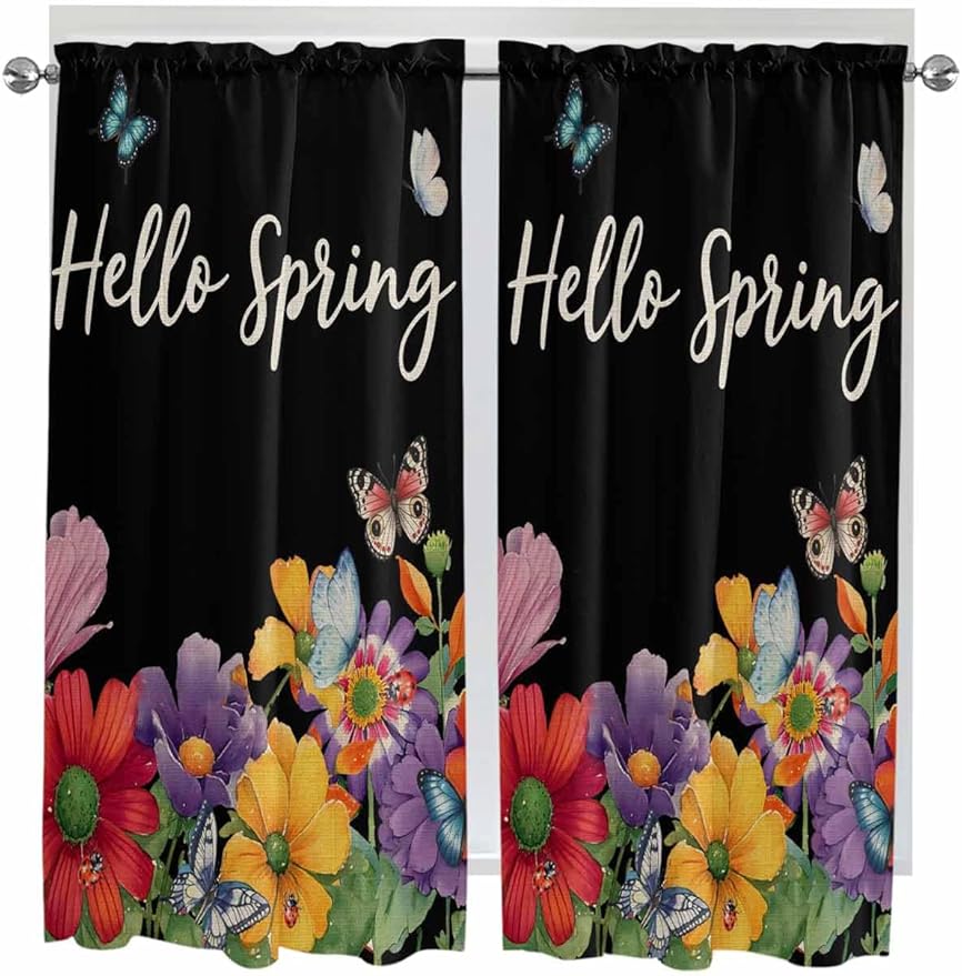 Spring Flowers Bedroom Curtains 63 Inches length, Watercolor Country Colorful Floral Black Window Treatment Curtain Drapes, Rod Pocket Curtain Panels for Living Room Kitchen, 42"x63", 2 Panels