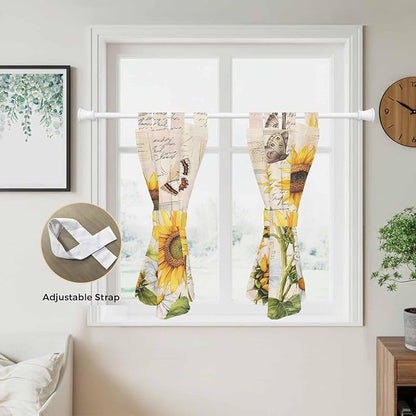 Yellow Sunflowers Kitchen Curtains 45 Inch Length, Short Cafe Window Curtains Tab Top, Country Farm Butterfly Flower Light Beige Light Filtering Window Treatments Tier Drapes 27.5"x45" 2 Panel