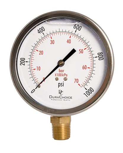 4" Oil Filled Pressure Gauge - Stainless Steel Case, Brass, 1/2" NPT, Lower Mount Connection, 0-1,000PSI