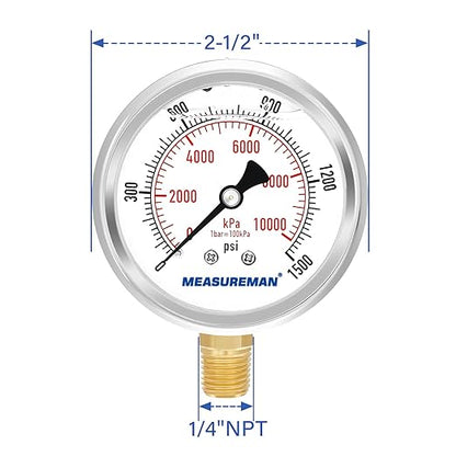 MEASUREMAN 2-1/2" Dial Size, Glycerin Filled Pressure Gauge, 0-1500psi/kpa, 304 Stainless Steel Case, 1/4" NPT Lower Mount