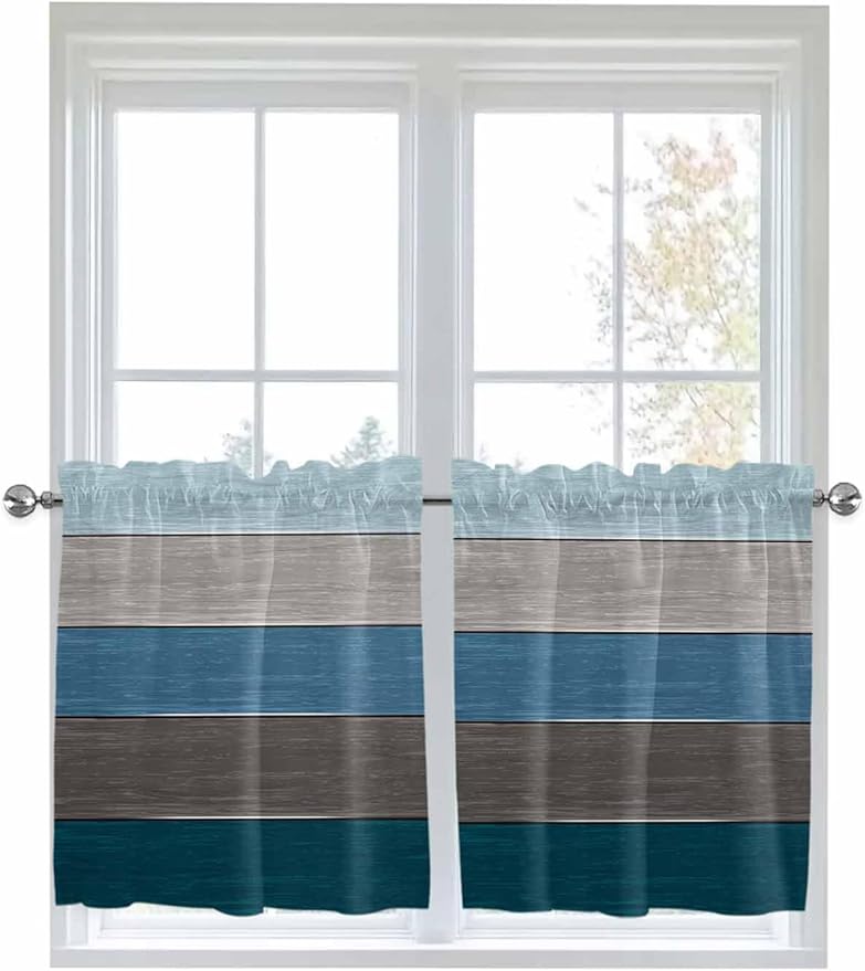 Retro Farm Blue Gray Wood Grain Window Valance Curtains, Rustic Wooden Plank Light Filtering Kitchen Valance with 3-inch Rod Pocket for Living Room Bathroom Bedroom,2 Panel,27.5x24In