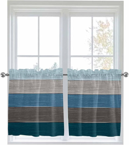 Retro Farm Blue Gray Wood Grain Window Valance Curtains, Rustic Wooden Plank Light Filtering Kitchen Valance with 3-inch Rod Pocket for Living Room Bathroom Bedroom,2 Panel,27.5x24In