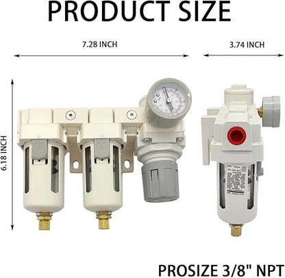 YSIL 3/8" NPT Air Filter Dryer Double Air Filters Compressor Water Separator Pressure Regulator Combo 5 Micron Brass Element(Semi-Auto Drain)