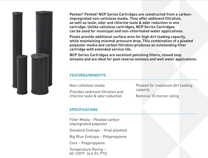 Pentair Pentek NCP-BB Big Blue Carbon Water Filter, 10-Inch, Whole House Non-Cellulose Carbon Impregnated Pleated Filter Cartridge, 10" x 4.5", Pack of 8, Gray