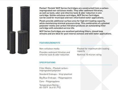 Pentair Pentek NCP-BB Big Blue Carbon Water Filter, 10-Inch, Whole House Non-Cellulose Carbon Impregnated Pleated Filter Cartridge, 10" x 4.5", Pack of 8, Gray