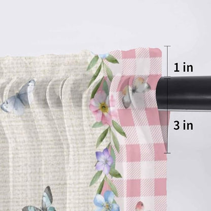 Easter Sheer Valances for Windows 60"x18", Light Filtering Kitchen Curtains Valance, Country Gnomes Duck Floral Eggs Pink Buffalo Check Rod Pocket Chiffon Curtains for Living Room Bedroom Cafe