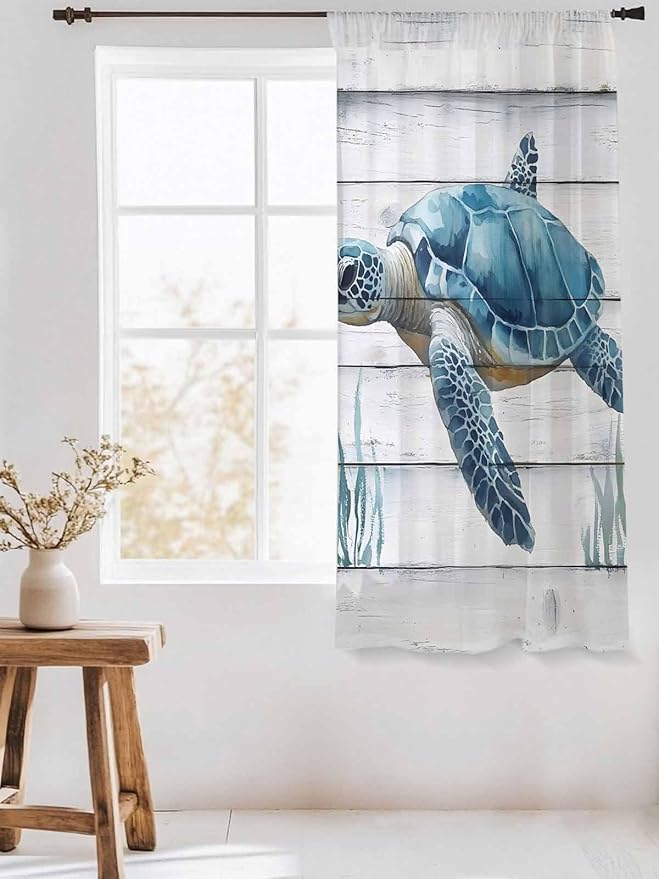 Sheer Curtains 63 Inch Length, Sea Turtle Blue Semi Sheer Curtains Light Filtering Window Treatment, Coastal Ocean Seaweed Wood Grain Privacy Voile Drapes for Living Room Bedroom 52x63 Inch