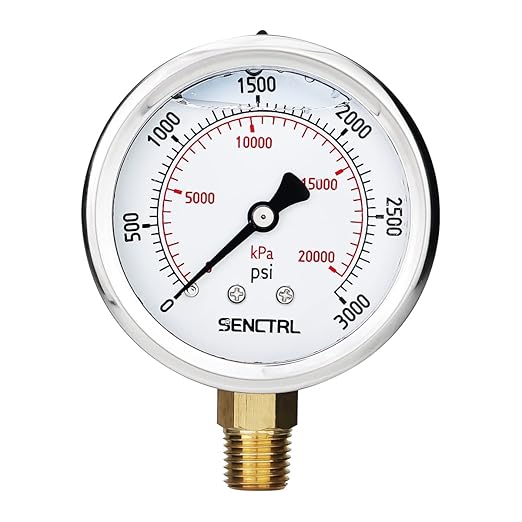 SENCTRL 3000 Psi Glycerin Liquid Filled Hydraulic Pressure Gauge, 2.5" Dial Size, 1/4" NPT Lower Mount, Stainless Steel Case, for Air Gas Water Oil Pressure Test