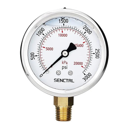 SENCTRL 3000 Psi Glycerin Liquid Filled Hydraulic Pressure Gauge, 2.5" Dial Size, 1/4" NPT Lower Mount, Stainless Steel Case, for Air Gas Water Oil Pressure Test