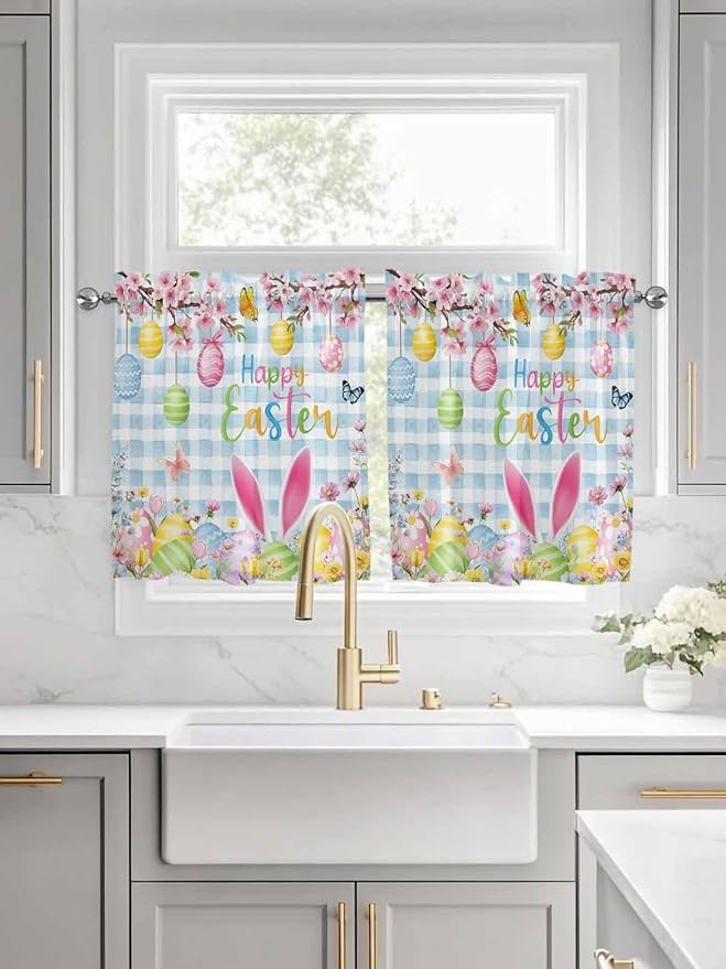 Happy Easter Half Window Curtains 24 Inches Long, Spring Watercolor Bunny Eggs Flower Blue Plaid Window Treatment Curtain Drapes, Short Curtains Tiers for Kitchen Over Sink, 27.5"x24", 2 Panels