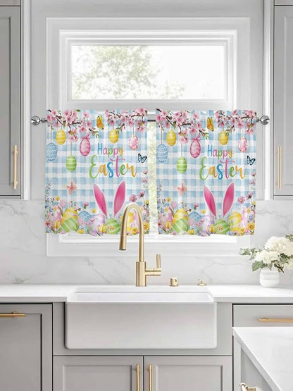 Happy Easter Half Window Curtain 36 Inches Long, Spring Watercolor Bunny Eggs Flower Blue Plaid Window Treatment Curtain Drapes, Small Tier Curtains for Bathroom Over Sink, 27.5"x36", 2 Panels