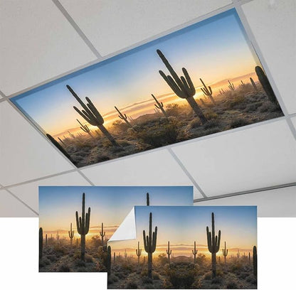 Fluorescent Light Covers for Drop Ceiling Desert Cactus Sunset Magnetic Light Filters, Tropical Plant Natural Scenery Ceiling Shade Filters for Home Classroom Office,2x4 ft,2Packs