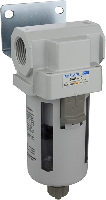 PneumaticPlus SAF400-N06B Compressed Air Particulate Filter 3/4" NPT, 10 Micron - Poly Bowl w/Manual Drain, Bracket