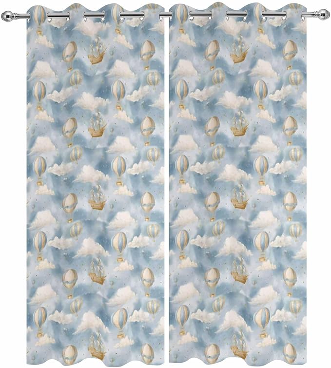 Hot Air Balloons Outdoor Curtains for Patio Fantasy Spaceship Cartoon Vintage Waterproof Outside Curtains with Grommet Top Weatherproof Curtain for Cabana Pergola Gazebo, 2 Pack, 54" W x 95" L