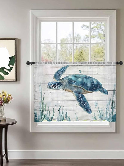 Sheer Curtains 54 Inch Length, Teal Green Ocean Turtle Semi Sheer Curtains Light Filtering Window Treatment, Coastal Seaweed Wood Grain Privacy Voile Drapes for Living Room Bedroom 52x54 Inch