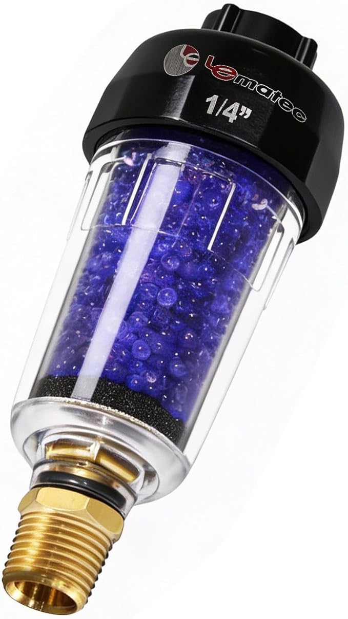 LEMATEC Compressed Air Dryer with Desiccant Filter System - Removes Oil, Water & Moisture for Pneumatic Tools, HVLP Paint Spray Guns - 150 PSI, 22 CFM Flow Rate - 1/4"