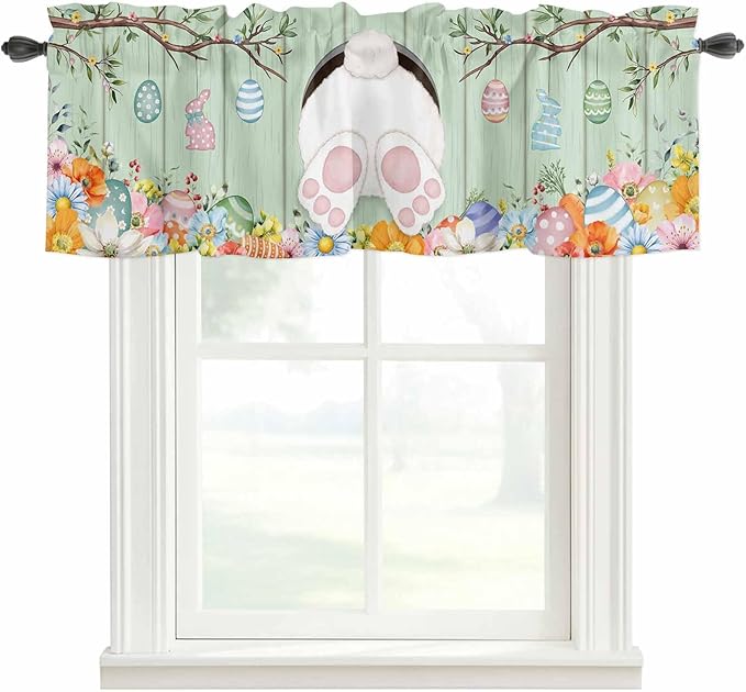 Easter Curtain Valances for Windows, Kitchen Valance Window Treatment, Spring Watercolor Bunny Eggs Wooden Grain Green Light Filtering Block Curtains for Bathroom/Bedroom/Living Room 42'' x 18''