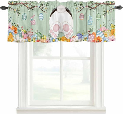 Easter Curtain Valances for Windows, Kitchen Valance Window Treatment, Spring Watercolor Bunny Eggs Wooden Grain Green Light Filtering Block Curtains for Bathroom/Bedroom/Living Room 42'' x 12''