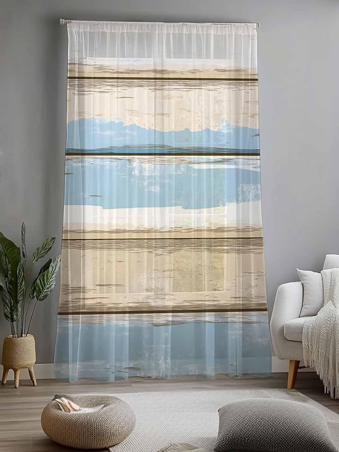 Sheer Curtains 84 Inches Long, Vintage Geometric Blue Semi Sheer Curtains Light Filtering Window Treatment, Abstract Country Shabby Wood Grain Privacy Voile Drapes for Living Room Bedroom 52x84 Inch
