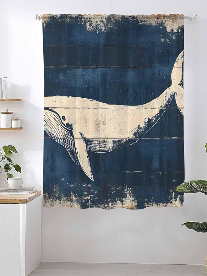 Sheer Curtains 72 Inches Long, Ocean Whale Blue Semi Sheer Curtains Light Filtering Window Treatment, Summer Coastal Vintage Wood Grain Privacy Voile Drapes for Living Room Bedroom 52x72 Inch