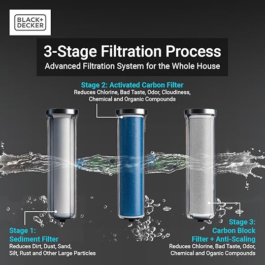 BLACK+DECKER Whole House Water Filter System | Anti-Scale | 3-Stage Filtration System for Whole House,Top-Tier Anti-Scale Filter Specially Designed to Prevent Scale Build-Up, Protects Appliances