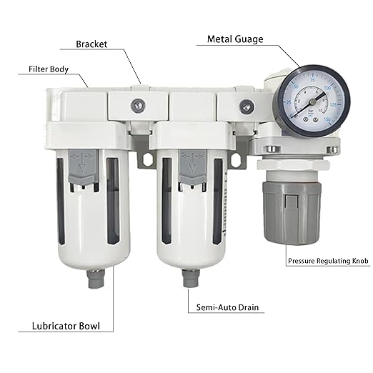 XingNEeng 1/2" NPT Compressed Air Filter Regulator Lubricator (FRL) Combo, Water/Oil Trap Separator, Air Pressure Regulator with Pressure Gauge(0-150 psi), Semi-Auto Drain, Poly Bowl, Metal Bracket