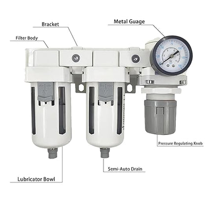 XingNEeng 1/2" NPT Compressed Air Filter Regulator Lubricator (FRL) Combo, Water/Oil Trap Separator, Air Pressure Regulator with Pressure Gauge(0-150 psi), Semi-Auto Drain, Poly Bowl, Metal Bracket