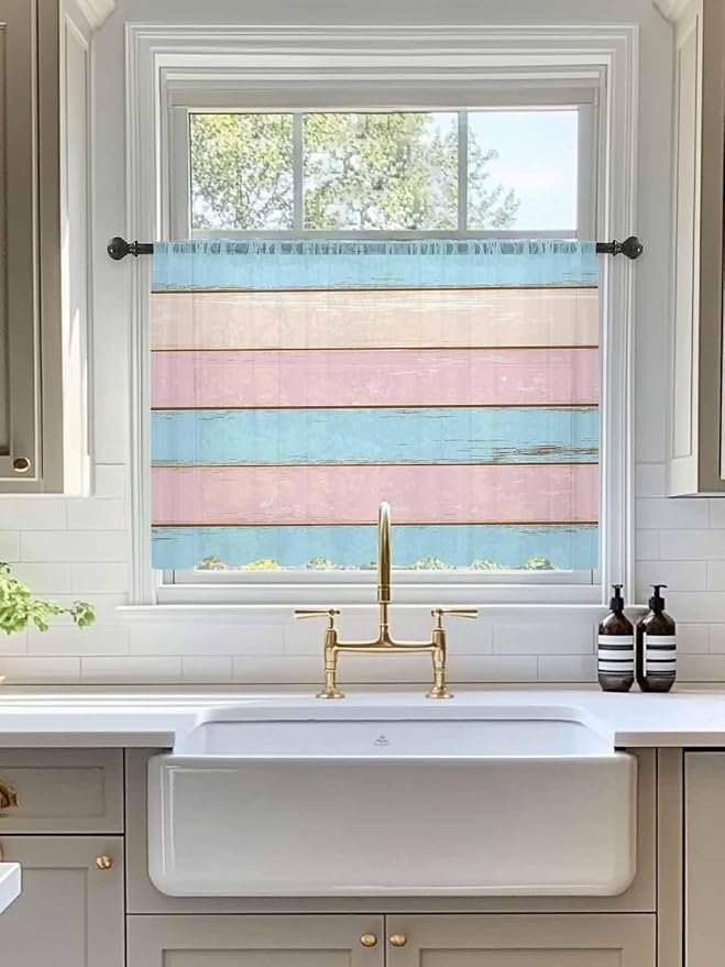 Sheer Curtains 54 Inch Length, Pink Blue Wood Grain Semi Sheer Curtains Light Filtering Window Treatment, Farmhouse Country Shabby Striped Privacy Voile Drapes for Living Room Bedroom 52x54 Inch