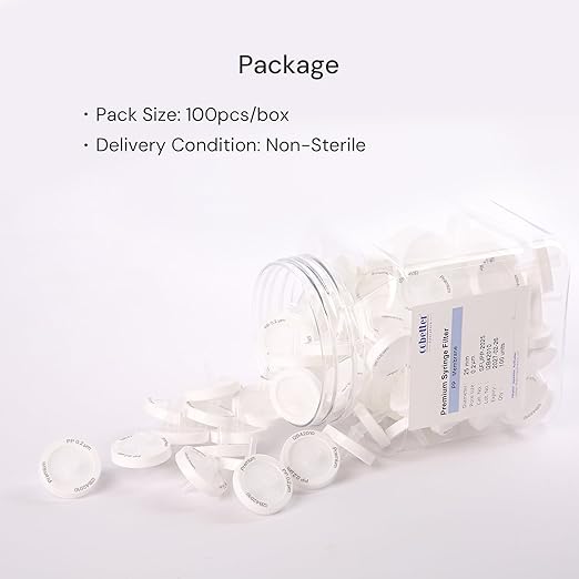 100 Pack PP Syringe Filter Lab Filters 0.2μm Pore Size 25mm Diameter Hydrophobic Filtration Non-sterile White