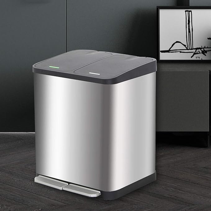 Trash Can Kitchen Large Capacity Foot-Operated Trash Can Double Three Bin Garbage Sorting Garbage Can Rectangular Trash Can with Lid, Brushed Stainless Steel Wastebasket for Office (Silver 18l)