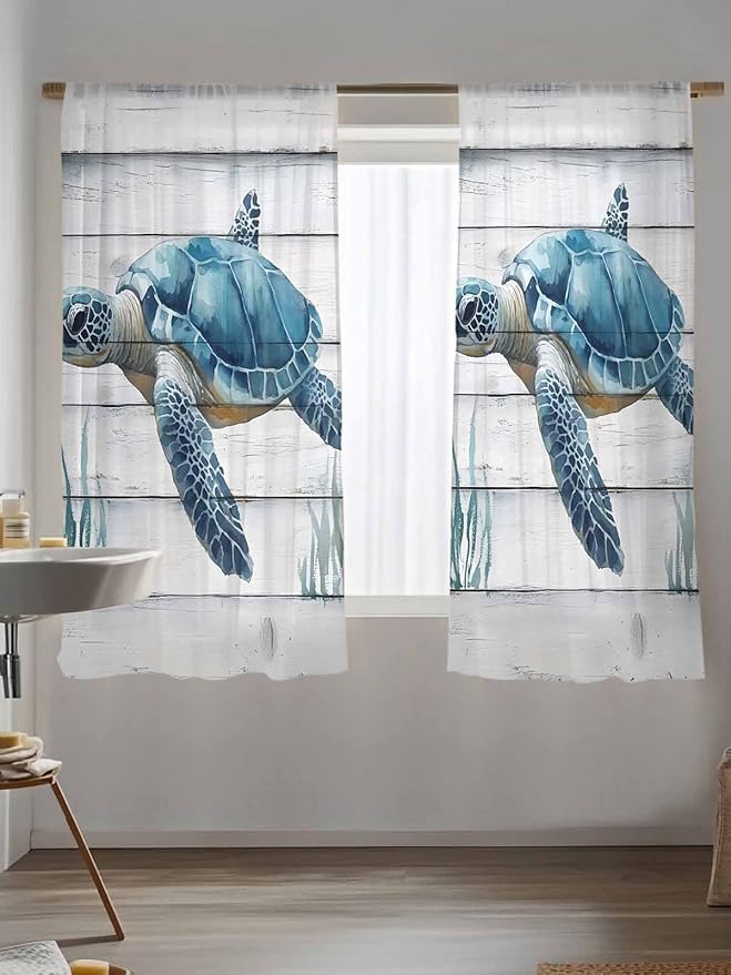 Sheer Curtains 63 Inch Length, Sea Turtle Blue Semi Sheer Curtains Light Filtering Window Treatment, Coastal Ocean Seaweed Wood Grain Privacy Voile Drapes for Living Room Bedroom 52x63 Inch