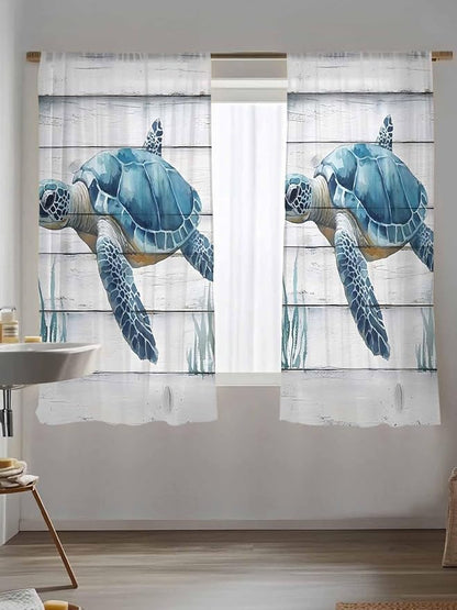 Sheer Curtains 63 Inch Length, Sea Turtle Blue Semi Sheer Curtains Light Filtering Window Treatment, Coastal Ocean Seaweed Wood Grain Privacy Voile Drapes for Living Room Bedroom 52x63 Inch