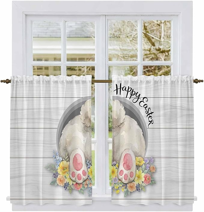 Easter Bunny Kitchen Curtains 54 Inch Long 2 Panel Set,Rod Pocket Window Curtains Panels,3D Optical Illusion Farmhouse Flower Wood Grain Light Filtering Drapery Draperies for Bathroom 52"W x 54"L
