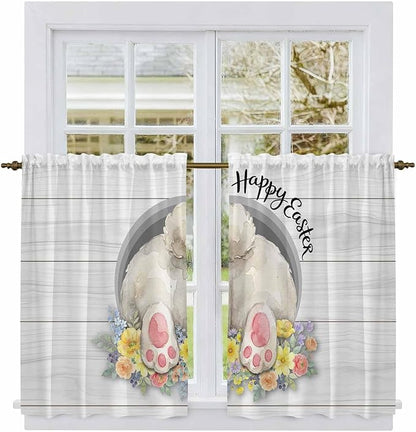 Easter Bunny Kitchen Curtains 45 Inch Long 2 Panel Set, Rod Pocket Window Treatment, 3D Optical Illusion Farmhouse Flower Wood Grain Light Filtering Panels Short Drapes for Bathroom Camper 42"W x 45"L