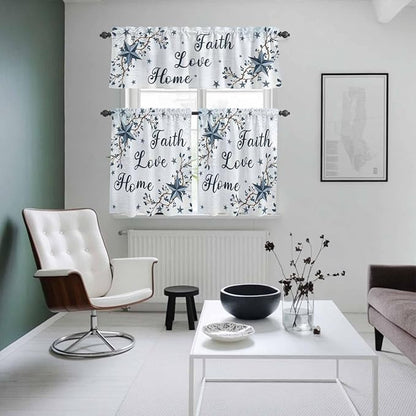 Texas Star Country Kitchen Curtains Set 3 Piece for Windows, Rod Pocket Valance and Tier Set 24 Inch Length, Blue Farmhouse Branches Light Filtering Cafe Curtains for Living Room Bathroom