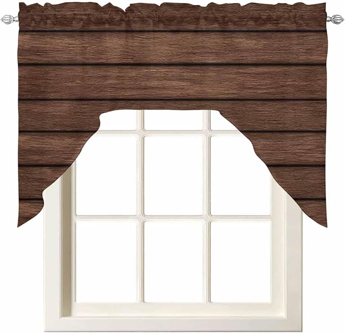 Brown Wooden Board Swag Kitchen Curtains Valance and Tier Set, Vintage Wood Grain Farmhouse Barn Themes Light-Filtering Swag Valance, Rod Pocket Short Curtain for Bedroom Cafe, 56x36 inches
