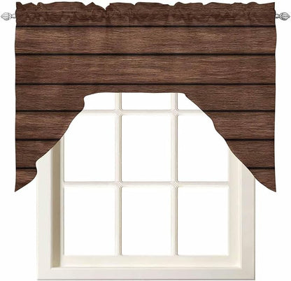 Brown Wooden Board Swag Kitchen Curtains Valance and Tier Set, Vintage Wood Grain Farmhouse Barn Themes Light-Filtering Swag Valance, Rod Pocket Short Curtain for Bedroom Cafe, 56x36 inches
